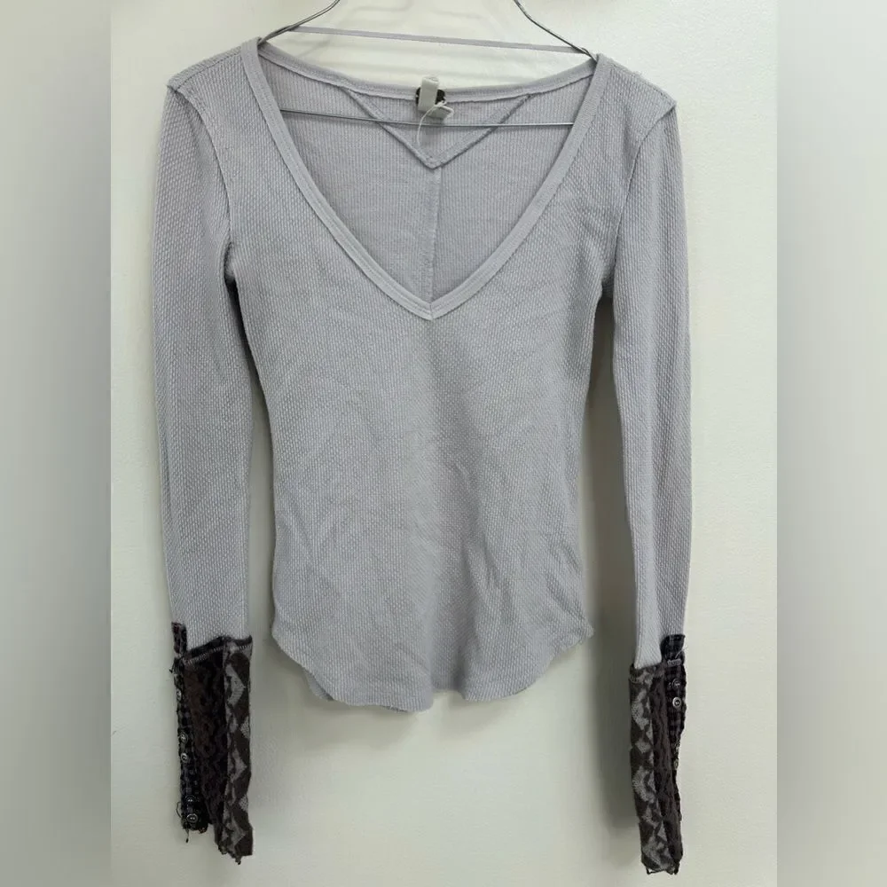Free People Art School Cuff Thermal Top XS Lavender Boho Distressed